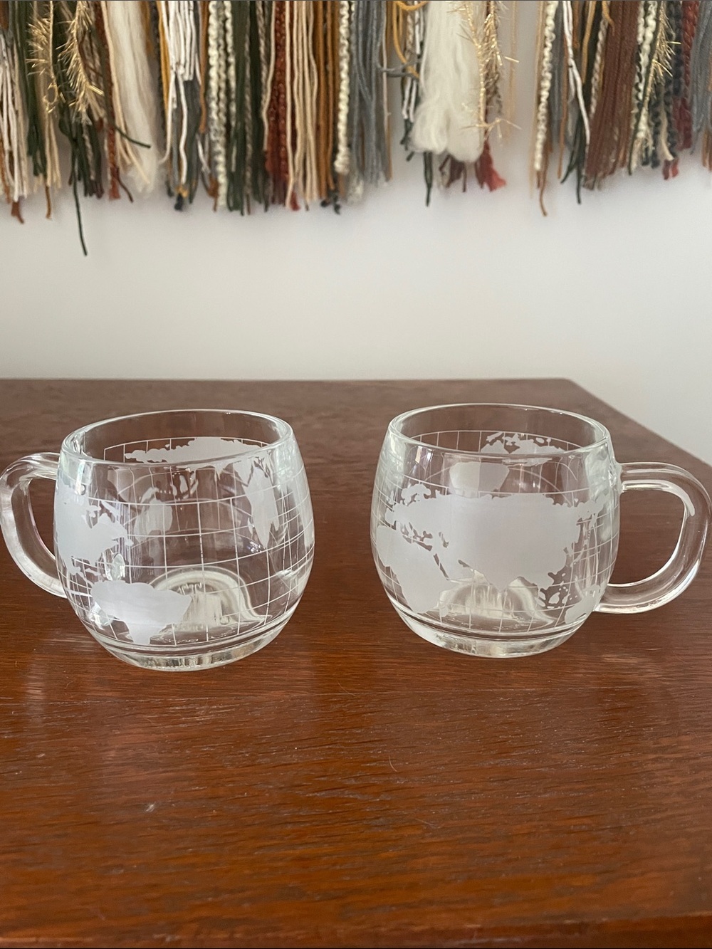 Etched World Map Glass Mugs - Clear Glass (Set of 2)